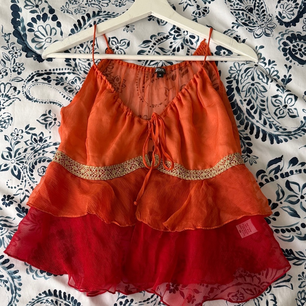Women’s Orange & Red Tiered Spaghetti-Strap Cami with Tie Front